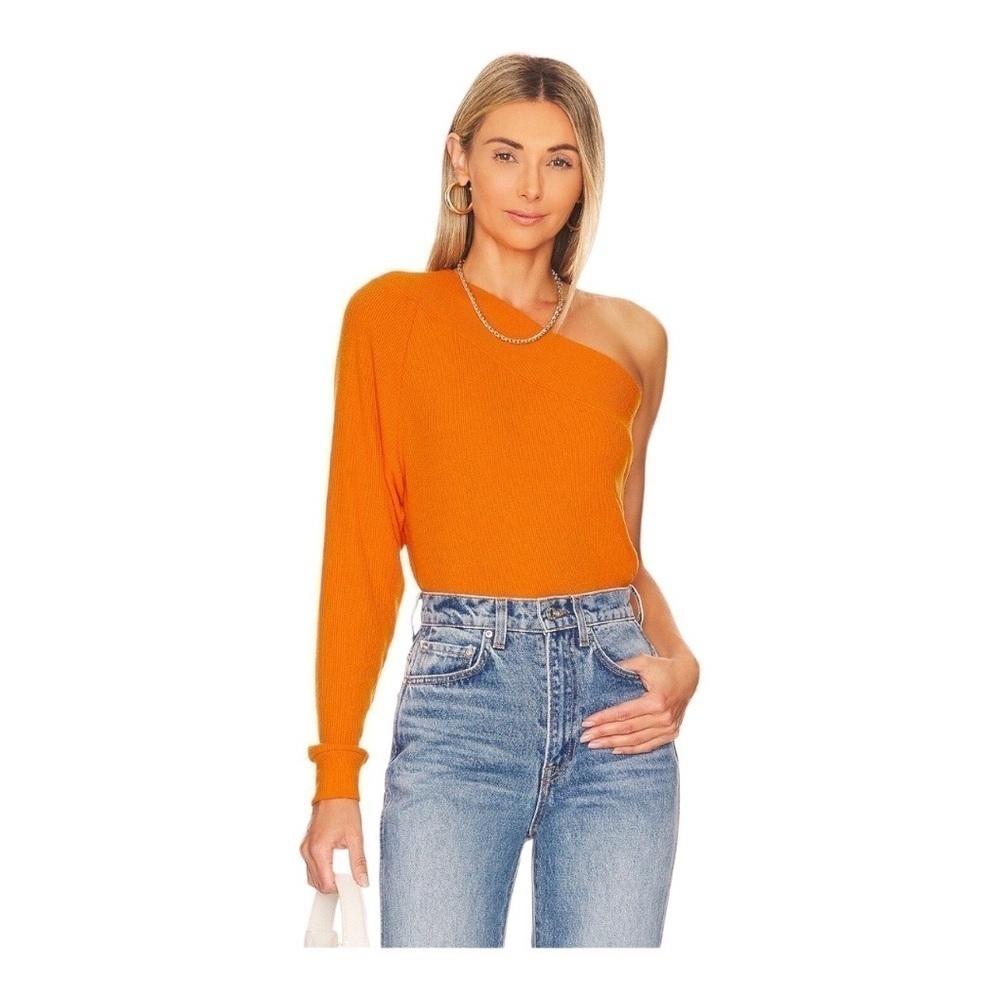 Enza Costa Orange Top One Shoulder Sweater Ribbed Knit Long Sleeve in Citrus